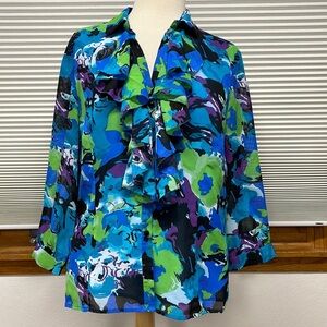 Chaus Blue Floral Pattern Button Down Ruffle Front Blouse Size 12